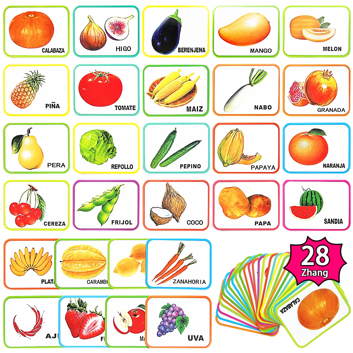 28 Spanish alphabet learning cards (15cm x 11cm) Exquisite illustration teaching cards can improve cognitive learning ability